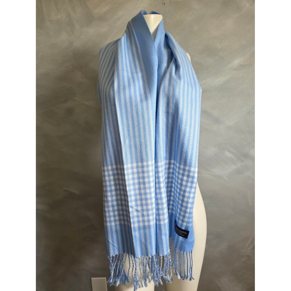 Cashmere Scarf Light Blue & White Checkered Stripe Krama 70' Including Fringe